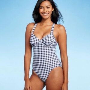 Kona Sol Women's Underwire Gingham Modern One Piece Swimsuit, Size S, NWT